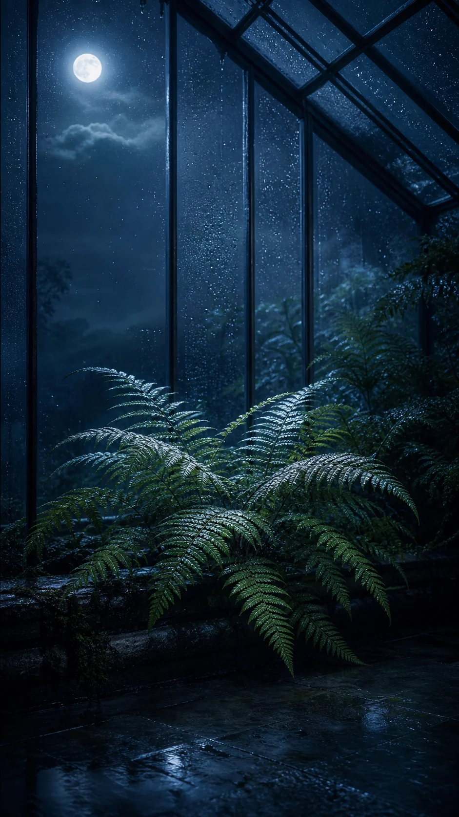 手机锁屏壁纸提示词：雨夜玻璃温室里的月光蕨类与蓝紫雾气