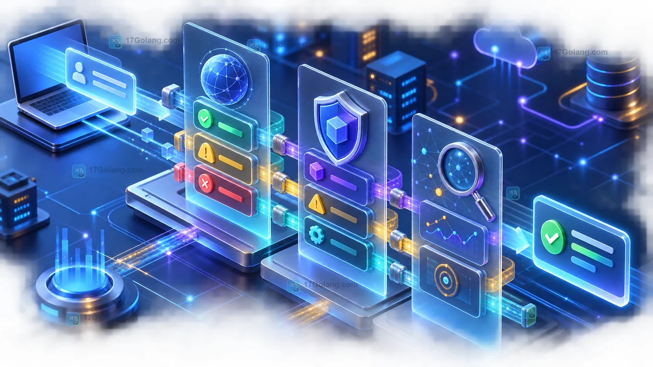 Go API 错误契约从 HTTP 状态、业务错误类型到请求号诊断字段的分层示意图