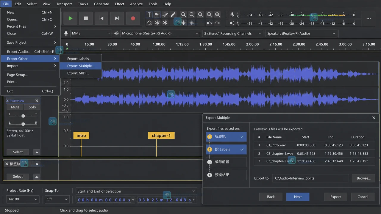 Audacity 主界面中使用标签轨准备按章节导出音频的操作路径