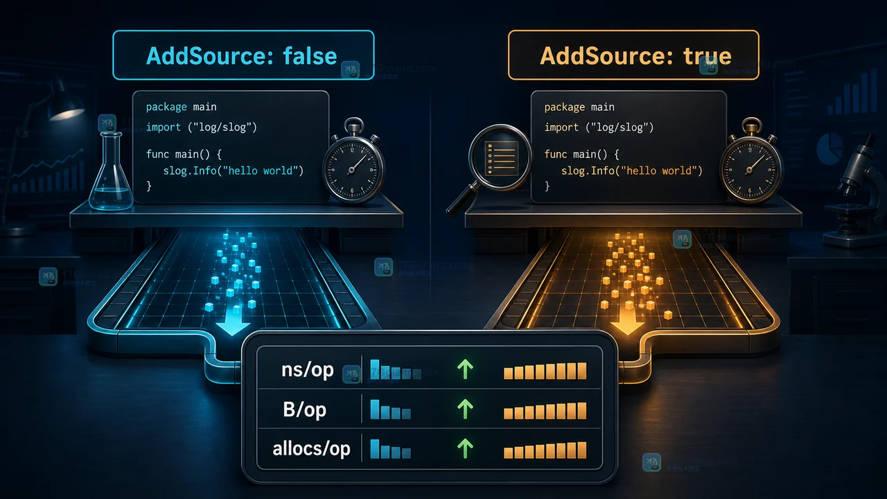 Go slog.HandlerOptions.AddSource 有什么代价：调用点定位、日志字段与生产开关