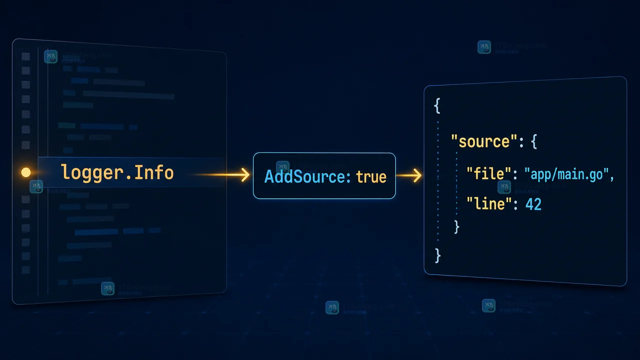 Go slog AddSource 将日志调用点映射到 source 字段的示意图