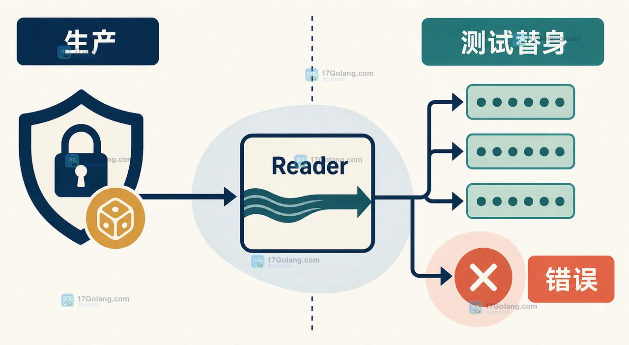 Go 固定长度随机读取将生产 Reader 与分段测试替身隔离的技术示意