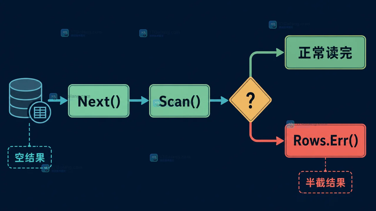Go database/sql Rows.Next、Scan 与 Rows.Err 的正常读取和错误分支示意图