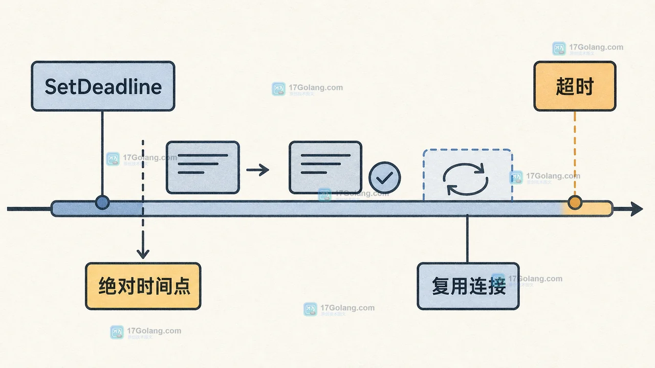 Go net.Conn SetDeadline 写入连接状态后,短请求结束但截止时间仍残留的二维技术插画