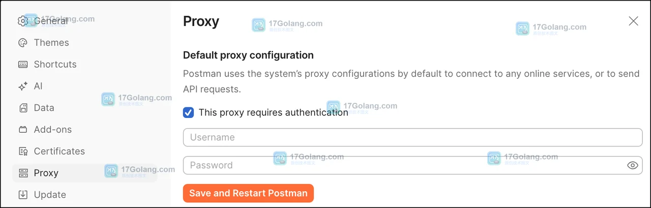 Postman Settings Proxy 页面,显示代理认证入口和 Save and Restart Postman 按钮