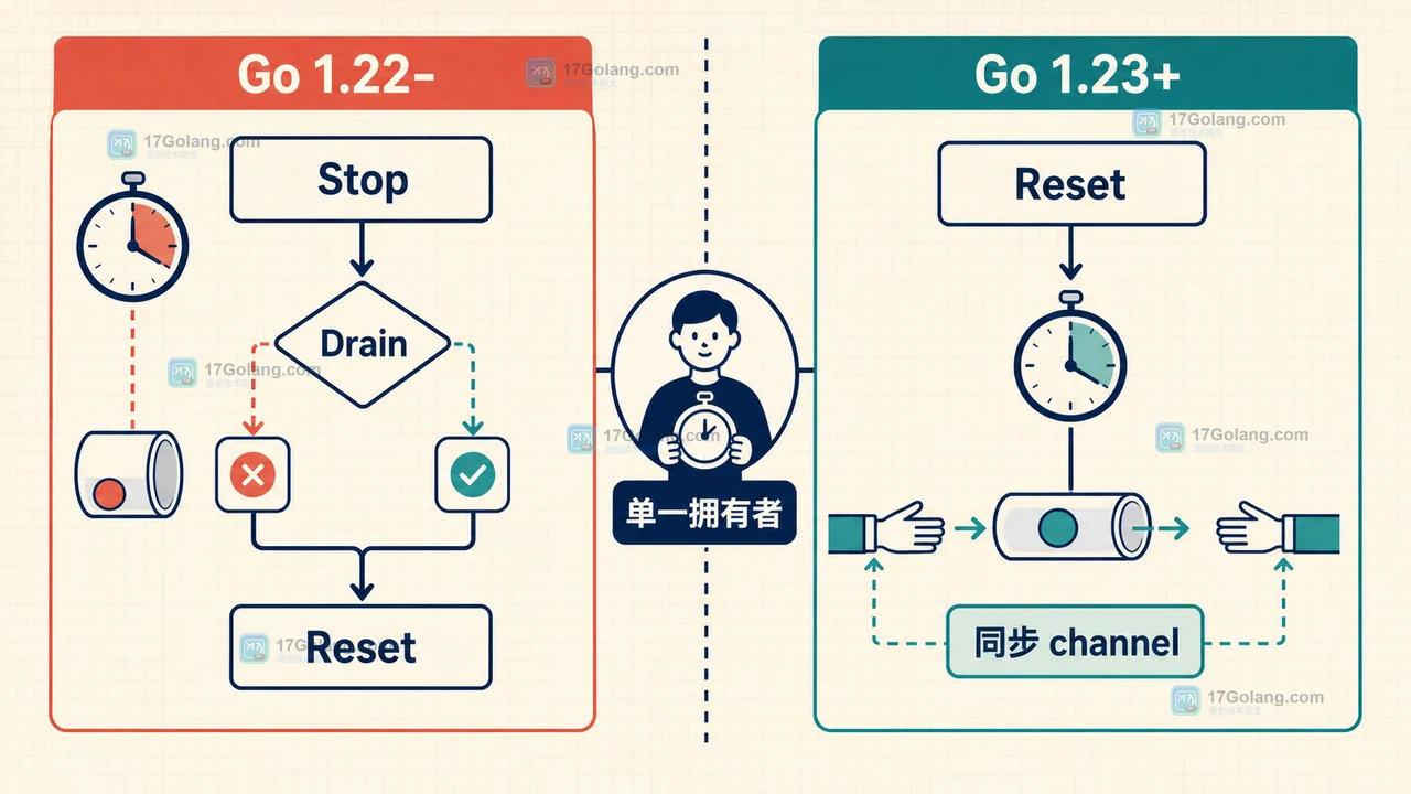 Go 版本语义与定时器复用检查示意图