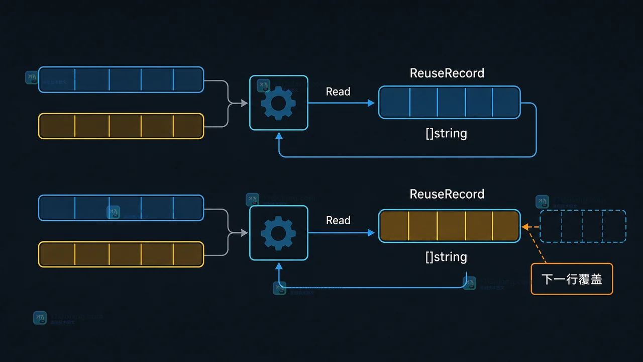 Go encoding/csv.ReuseRecord 开启后为什么字段会变：切片复用、异步保存与拷贝边界