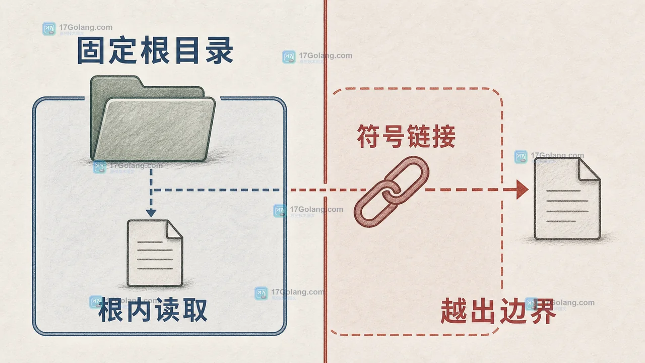 Go os.DirFS 遇到符号链接时的根内路径与根外目标对照图