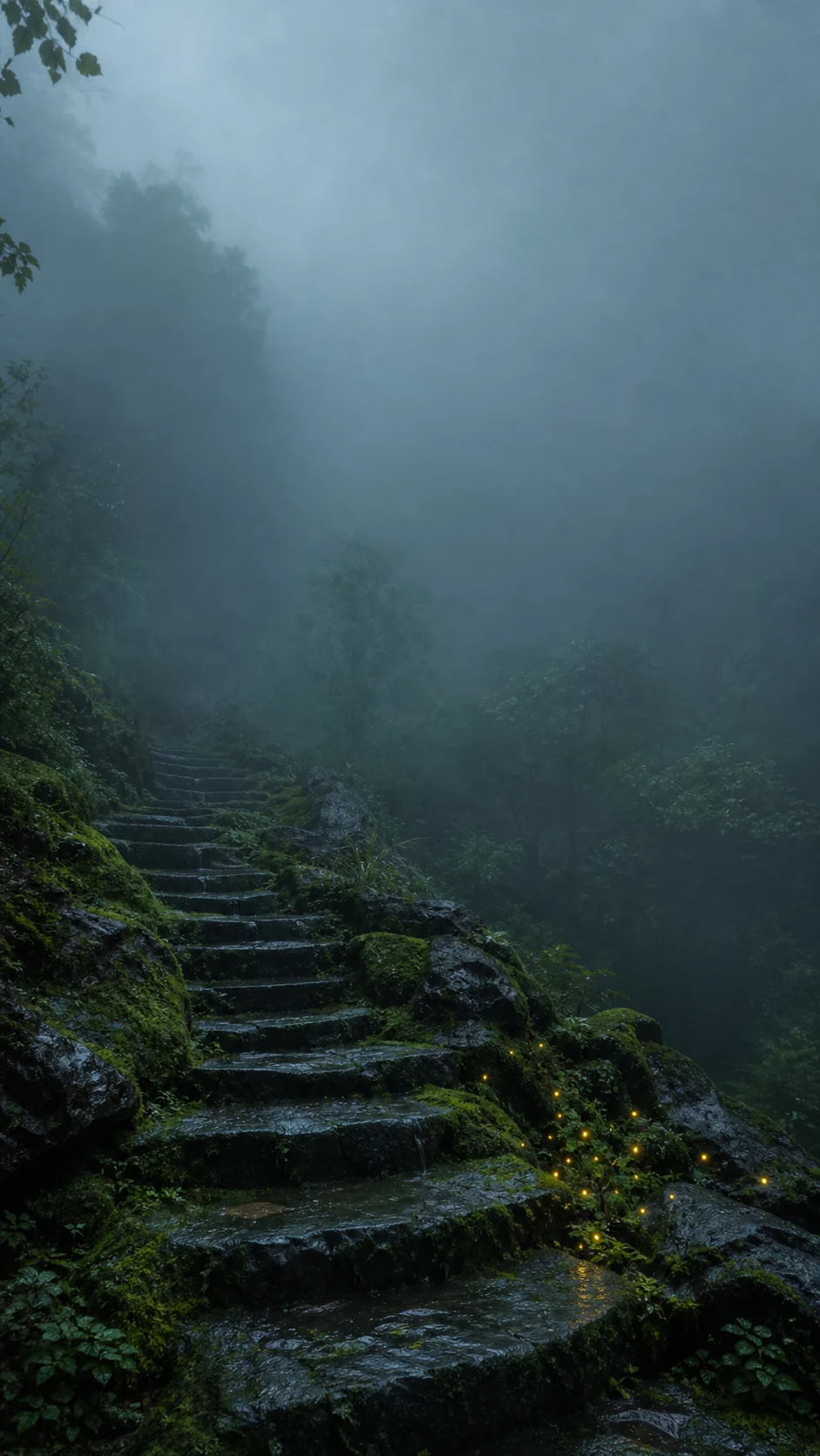 雨后苔藓石阶与萤火微光手机壁纸提示词：青绿主图与琥珀变体