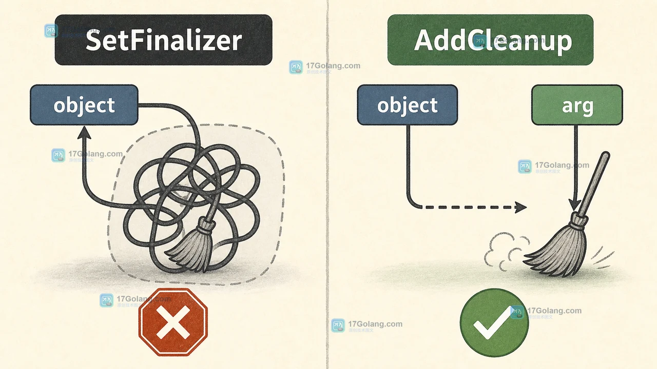 Go 1.25 runtime.AddCleanup 怎么替代终结器：资源回收时机与调试边界