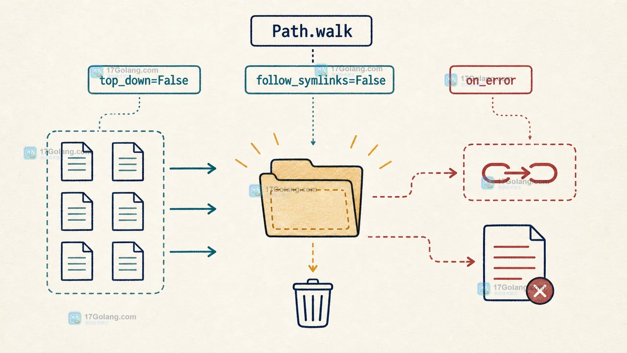 Python pathlib.Path.walk 清理大型目录怎么控风险：遍历顺序、符号链接与失败记录