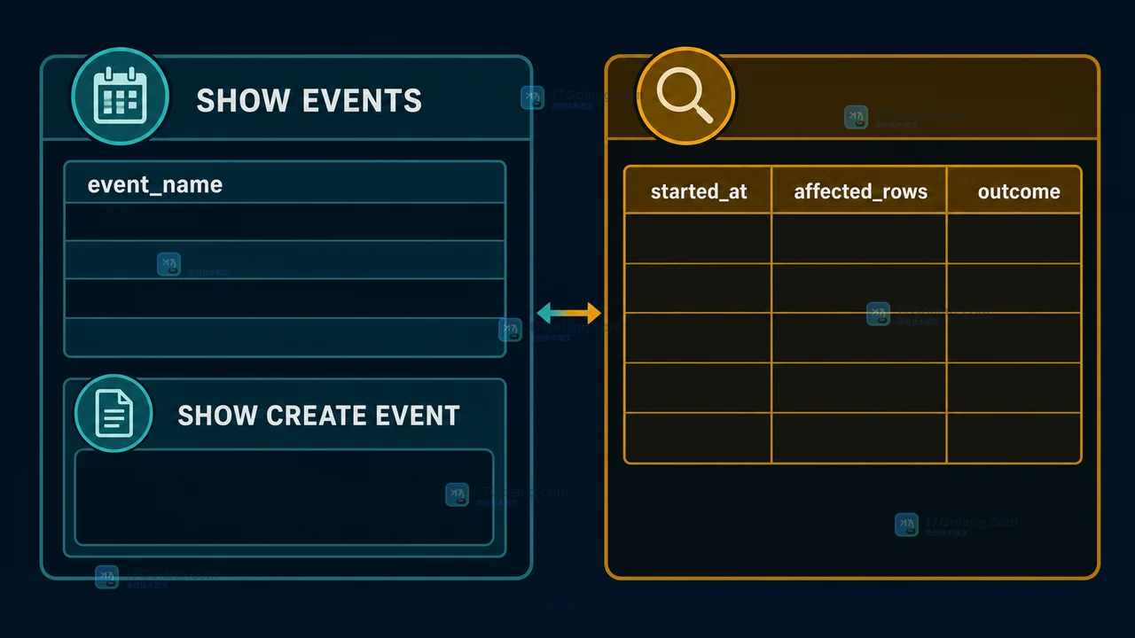 MySQL 事件元数据与 event_run_log 执行记录对照，区分计划状态和业务结果
