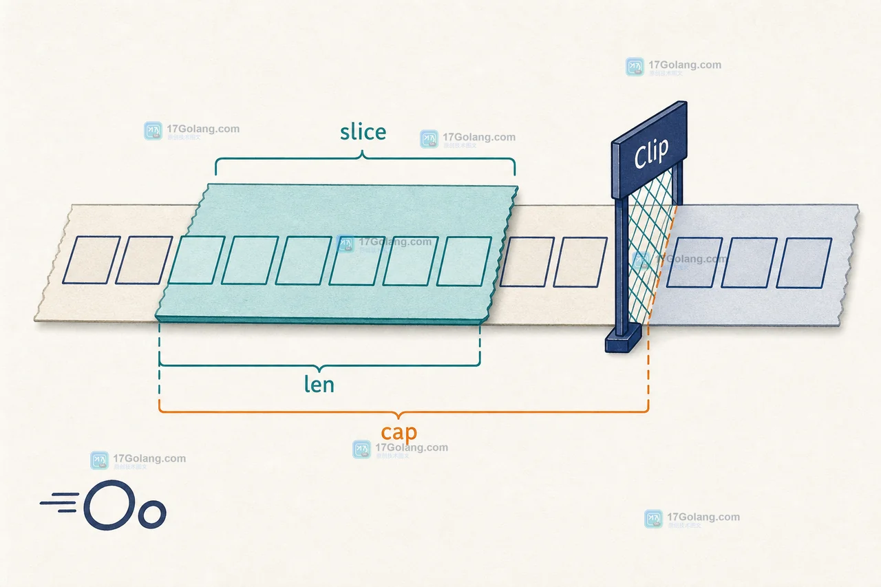 Go slices.Clip 将子切片容量边界从大数组收紧到当前长度的技术示意图