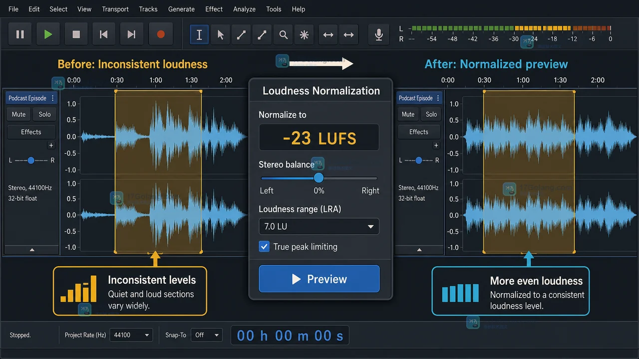 Audacity 怎么批量降低音频响度：归一化、峰值设置与导出核对