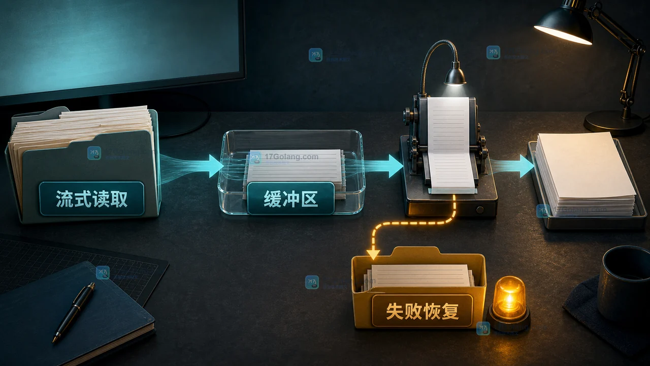 Go 打开文件后通过缓冲读取、处理和错误恢复的流式生命周期示意