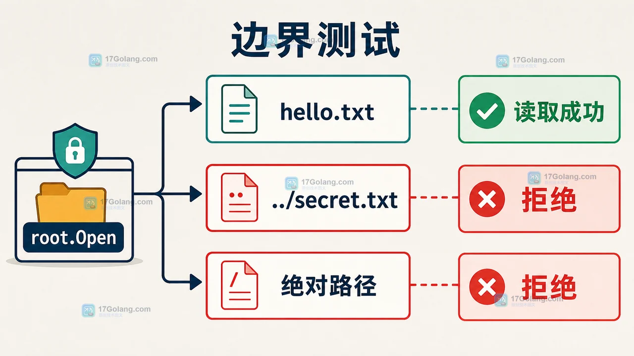 Go os.OpenRoot 测试正常文件打开与 .. 目录逃逸错误分支的技术插画