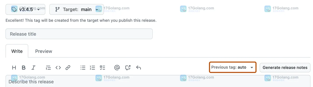 GitHub 官方文档中的 New release 表单,Previous tag 下拉框可见