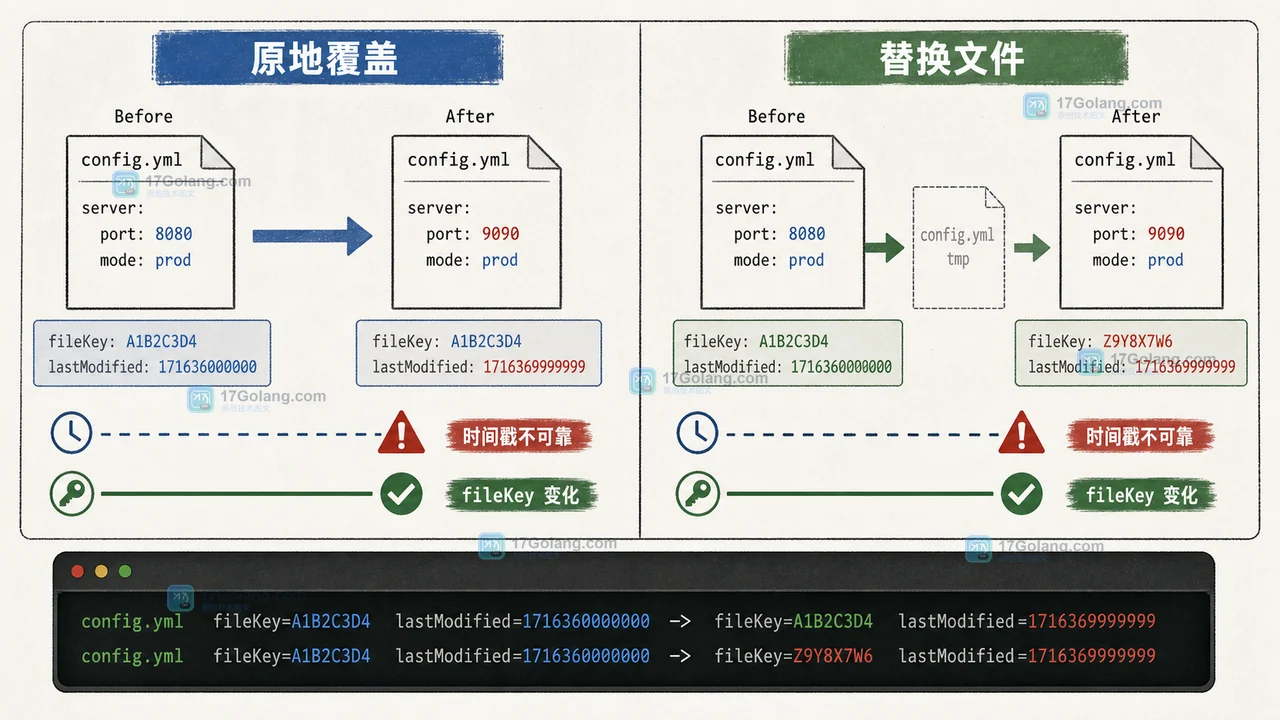 Java Files.readAttributes 怎么判断配置文件是否被替换：BasicFileAttributes、fileKey 与时间戳陷阱