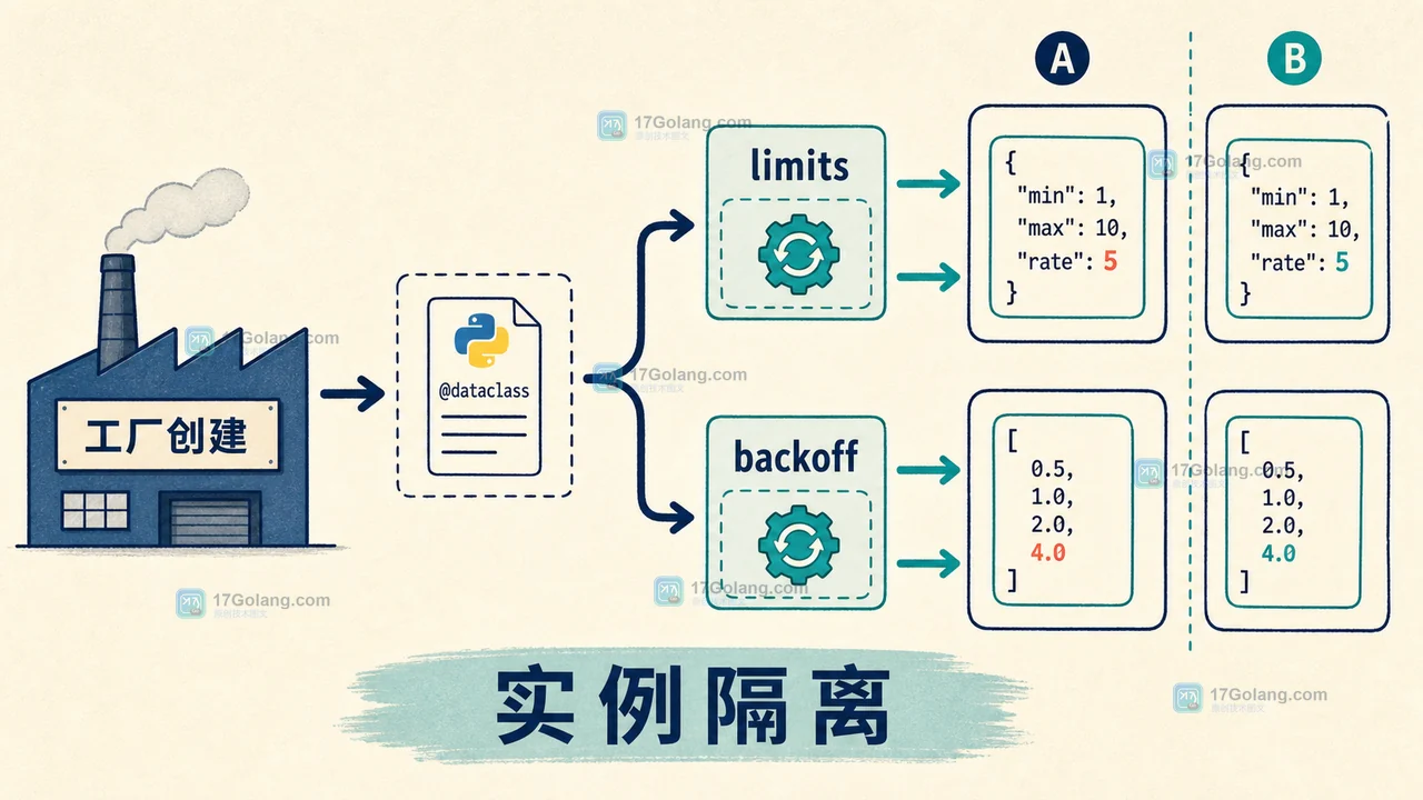 Python dataclass 用两个 default_factory 分别创建独立 limits 字典和 backoff 列表，修改实例 A 不影响实例 B