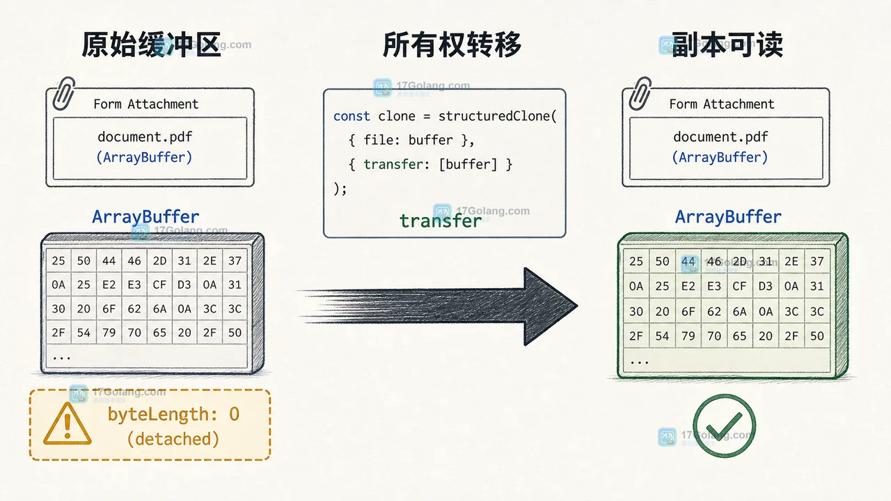 structuredClone transfer 转移 ArrayBuffer 后副本可读而原始附件缓冲区被置空的边界