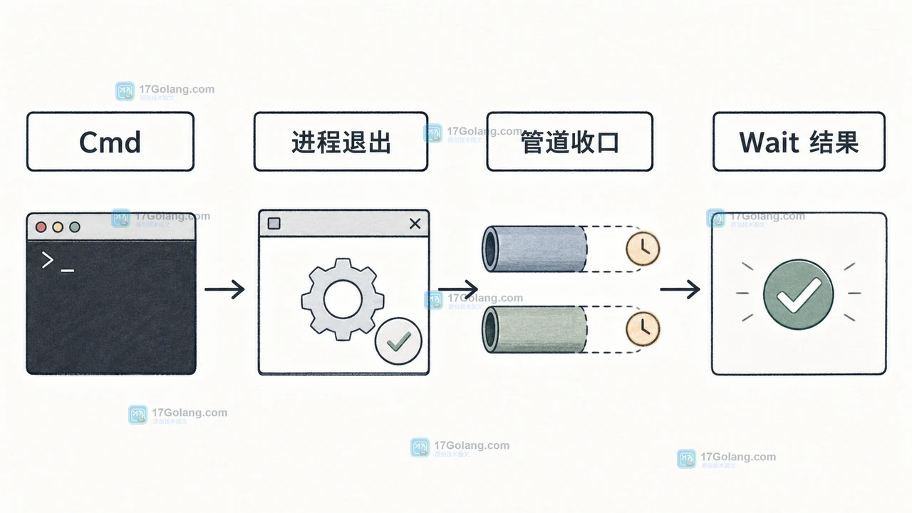 Cmd 启动后经过进程退出、管道收口到 Wait 结果的数据生命周期