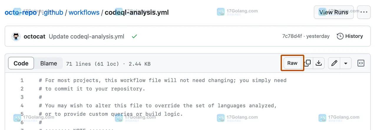 GitHub 文件页展示 History、Code、Blame 与 Raw 入口,确认目标文件后进入历史追踪
