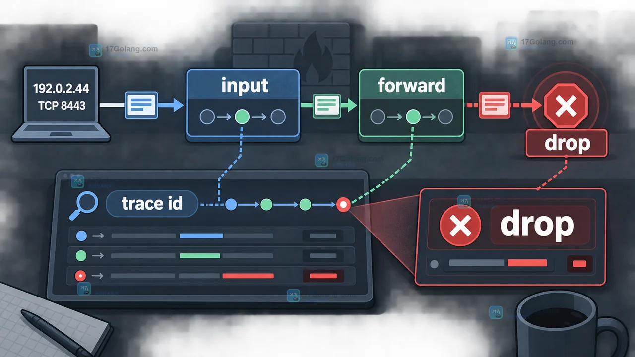 nft monitor trace 展示 Linux 数据包经过 input、forward 链并在最终 verdict 处确认丢包位置