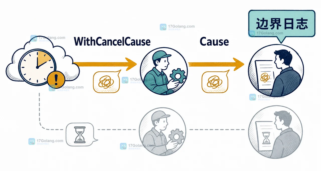Go WithCancelCause 将上游超时原因沿子 Context 传播到 Cause 与边界日志