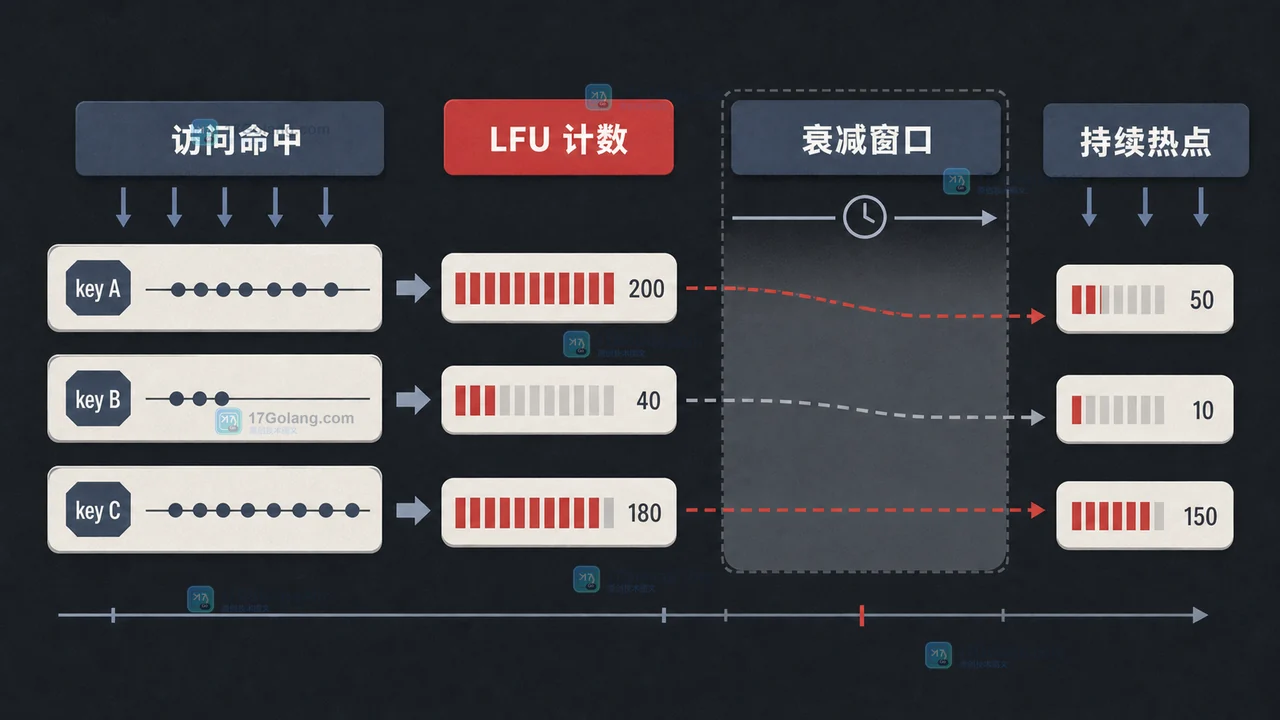 Redis LFU 淘汰为什么不按访问次数排序：衰减周期、热点误判与验收