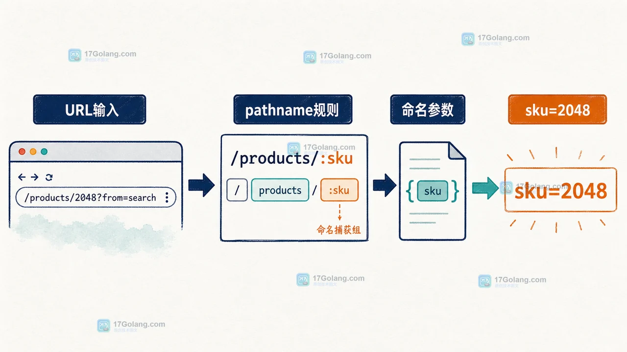 URLPattern 商品路由从 URL 输入经过 pathname 规则匹配并得到 sku 命名参数的二维技术插画