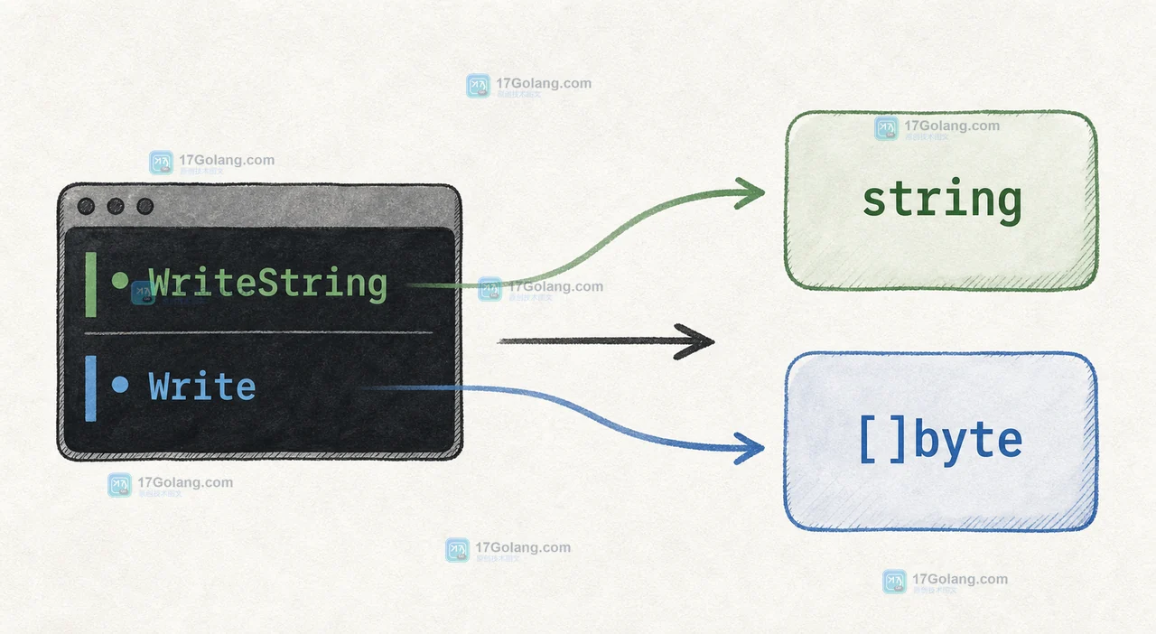 Go bytes.Buffer 与 strings.Builder 的结果类型边界：字符串拼接和字节流写入分别汇入 string 与 []byte