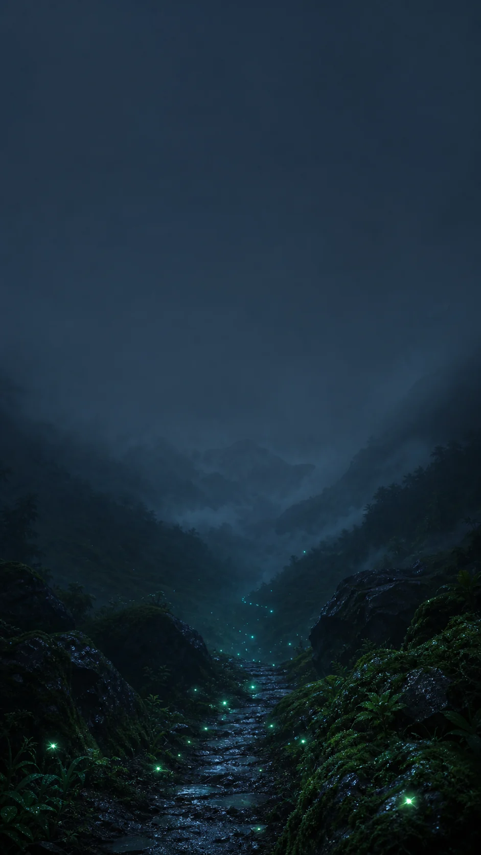 雨后山谷里的萤火星河手机壁纸：锁屏留白与蓝绿色光点构图