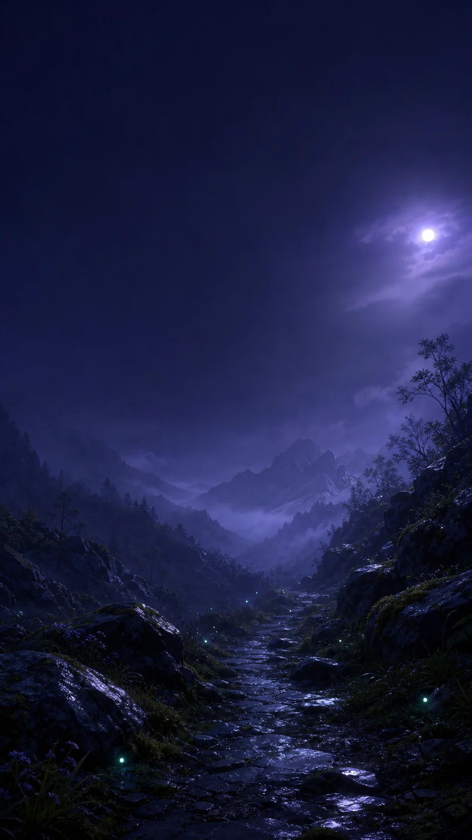 雨后山谷萤火星河手机壁纸冷紫蓝变体，右上方月光与稀疏青绿色光点形成不同氛围