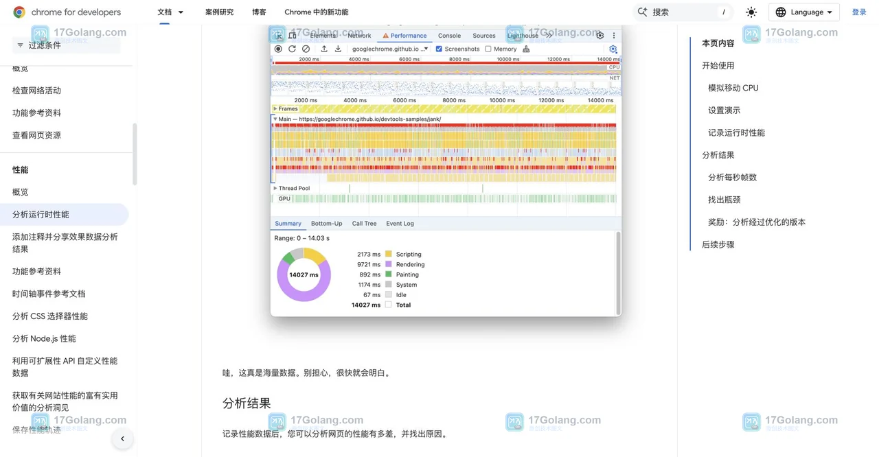 Chrome DevTools Performance 官方示例的时间轴、Summary 总耗时与 Bottom-Up 分析结果