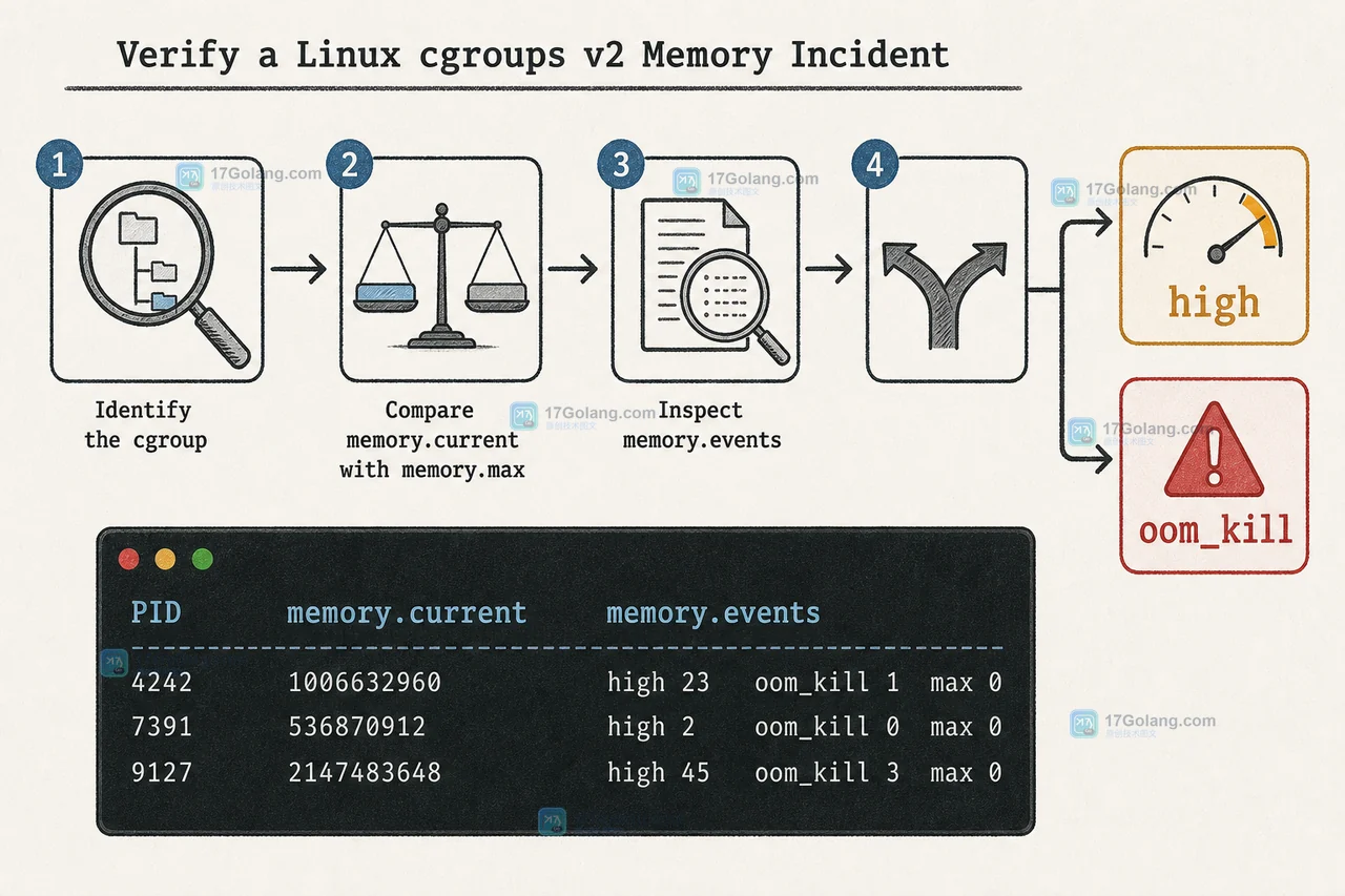 Linux cgroups v2 内存限制怎么验证：memory.high、memory.max 与 OOM 事件逐项核对