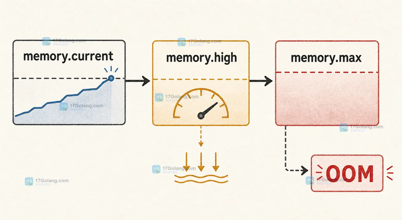Linux cgroups v2 内存限制阶梯:memory.current 接近 memory.high 后进入压力控制,超过 memory.max 才进入硬上限路径