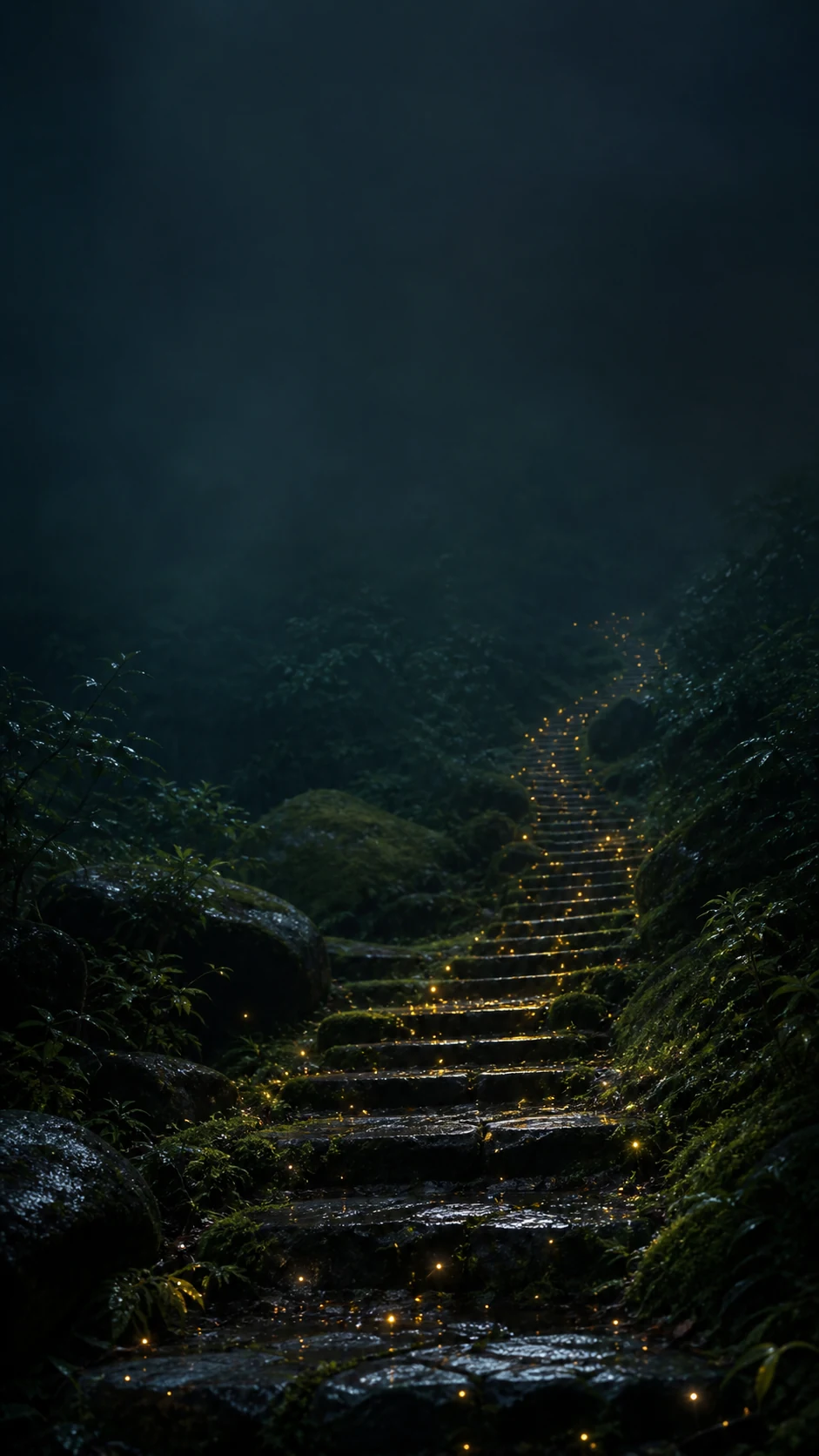 雨后苔藓石阶上的萤火星河：手机锁屏壁纸提示词与留白构图
