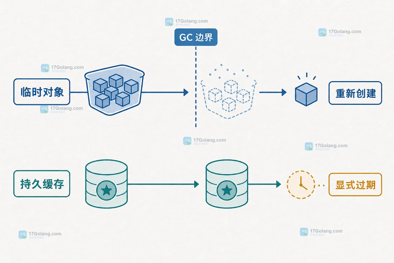 Go sync.Pool 与持久缓存的生命周期对比:GC 边界可丢弃临时对象,缓存按显式规则保留数据