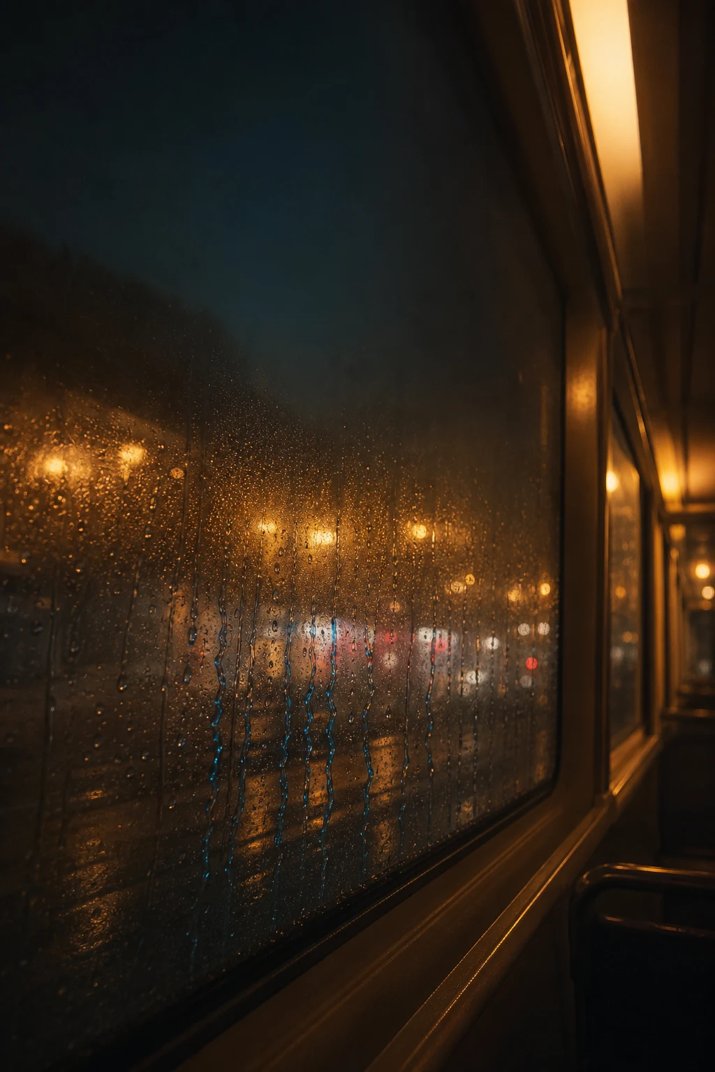 雨夜电车窗边的蓝色雨痕：手机锁屏壁纸提示词与留白变体