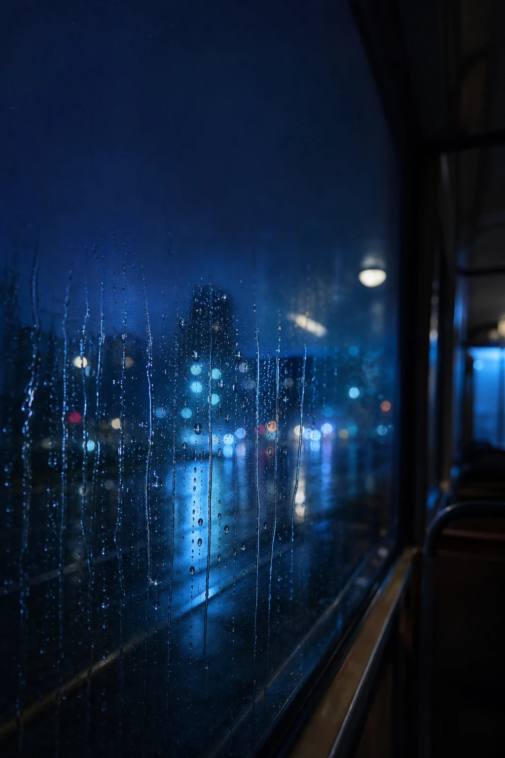 雨夜电车窗边蓝色雨痕的竖屏手机锁屏壁纸,顶部保留干净深蓝留白