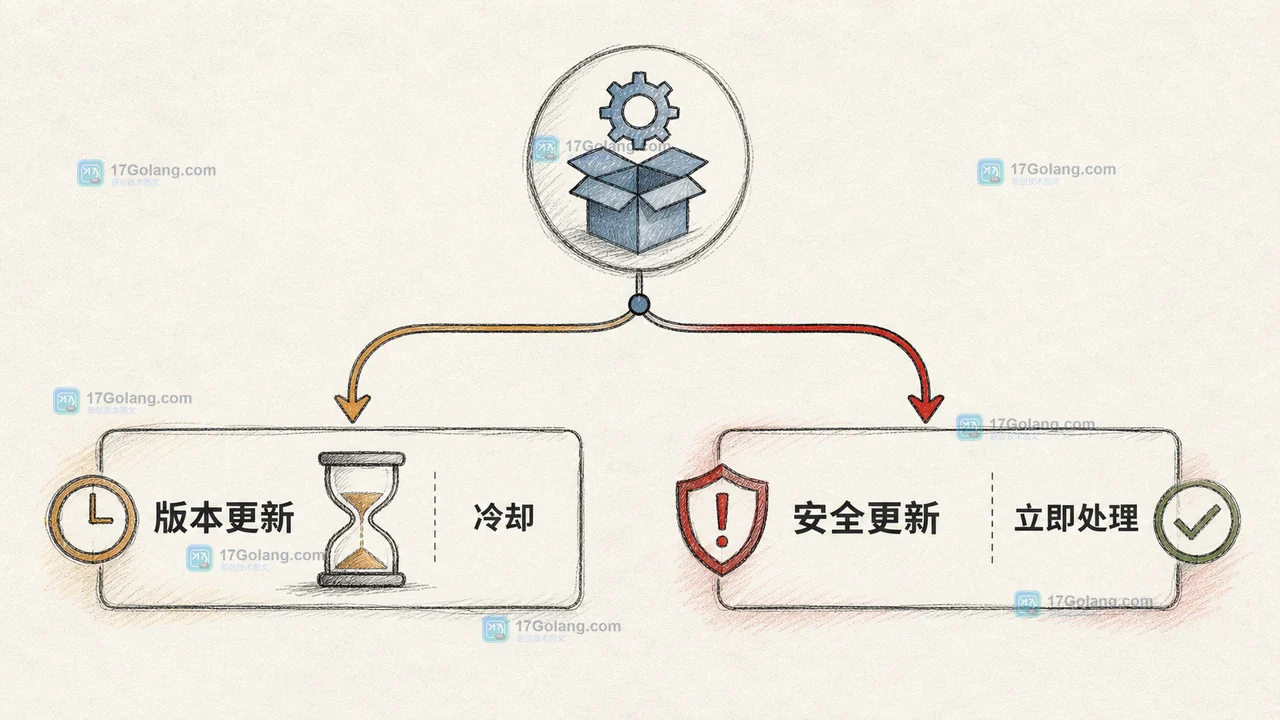Dependabot 将普通版本更新送入冷却窗口、将安全更新直接送往修复流程的分流示意图