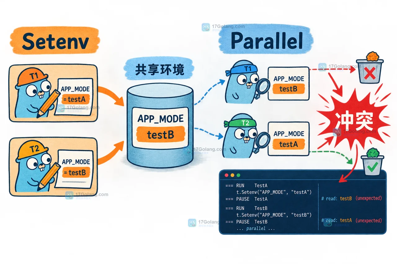 Go testing.T.Setenv 与并行测试共享进程环境的冲突关系:写入、读取和清理动作互相覆盖