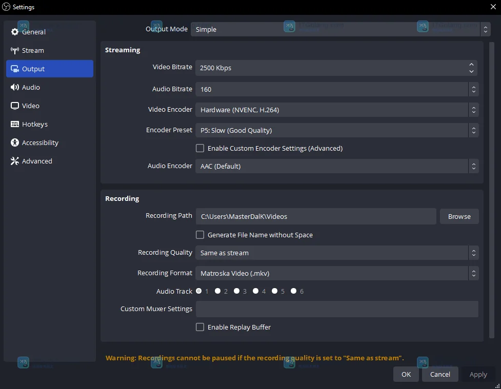 OBS 官方帮助页展示的 Simple Output 录制设置界面,包含 Recording Path、Recording Format 和 Recording Quality