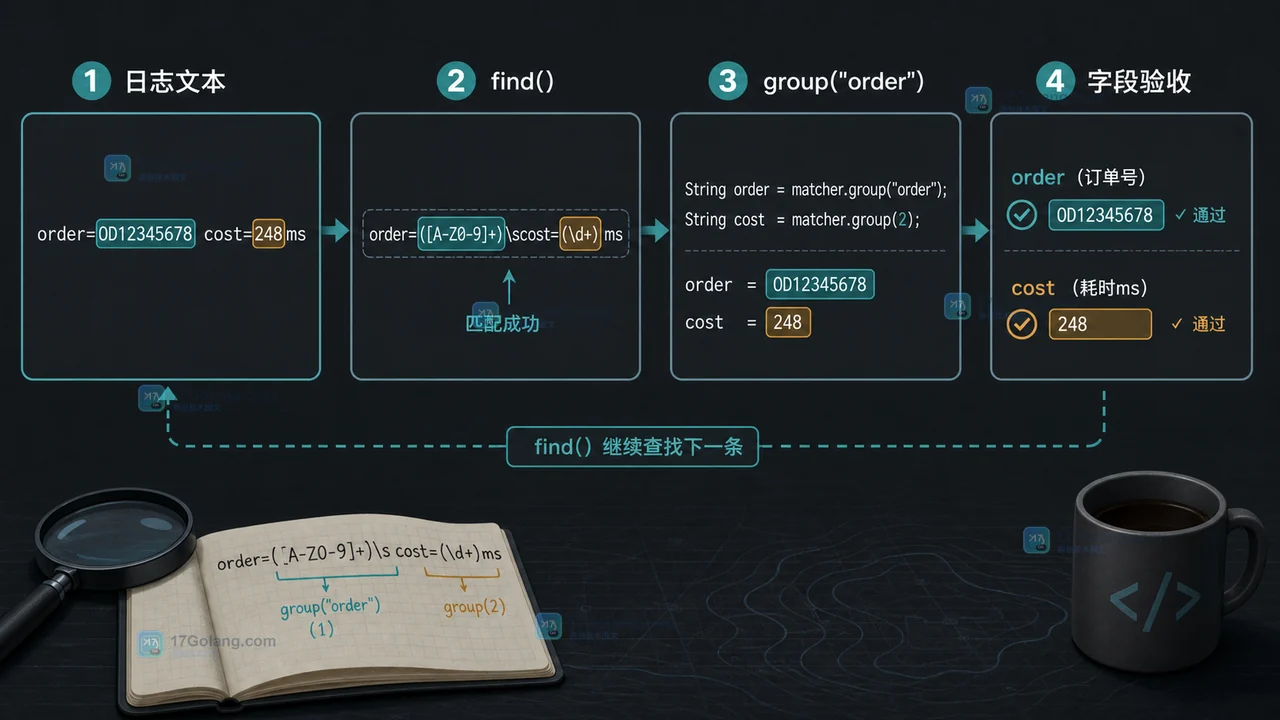 Java 正则 Matcher.matches 与 find 怎么选：整串校验、局部搜索和 group 取值