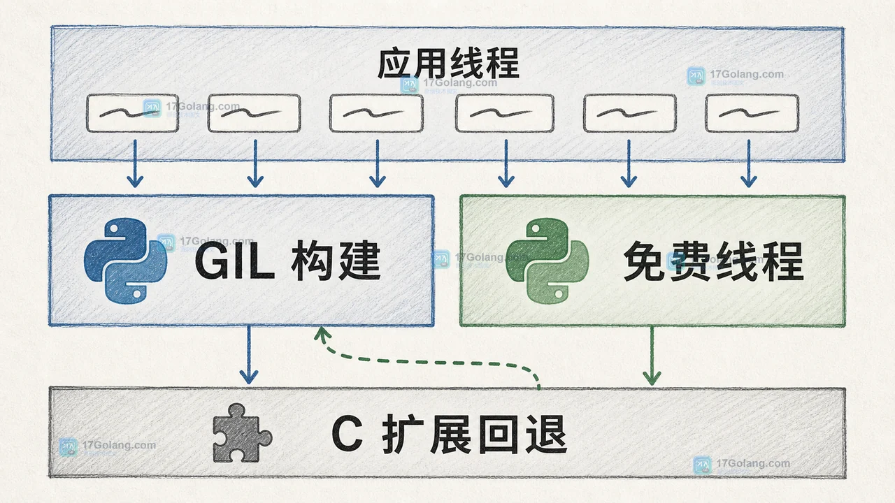 Python 3.15 免费线程评估中的应用线程、解释器构建与 C 扩展三层关系,展示扩展兼容导致 GIL 回退的路径