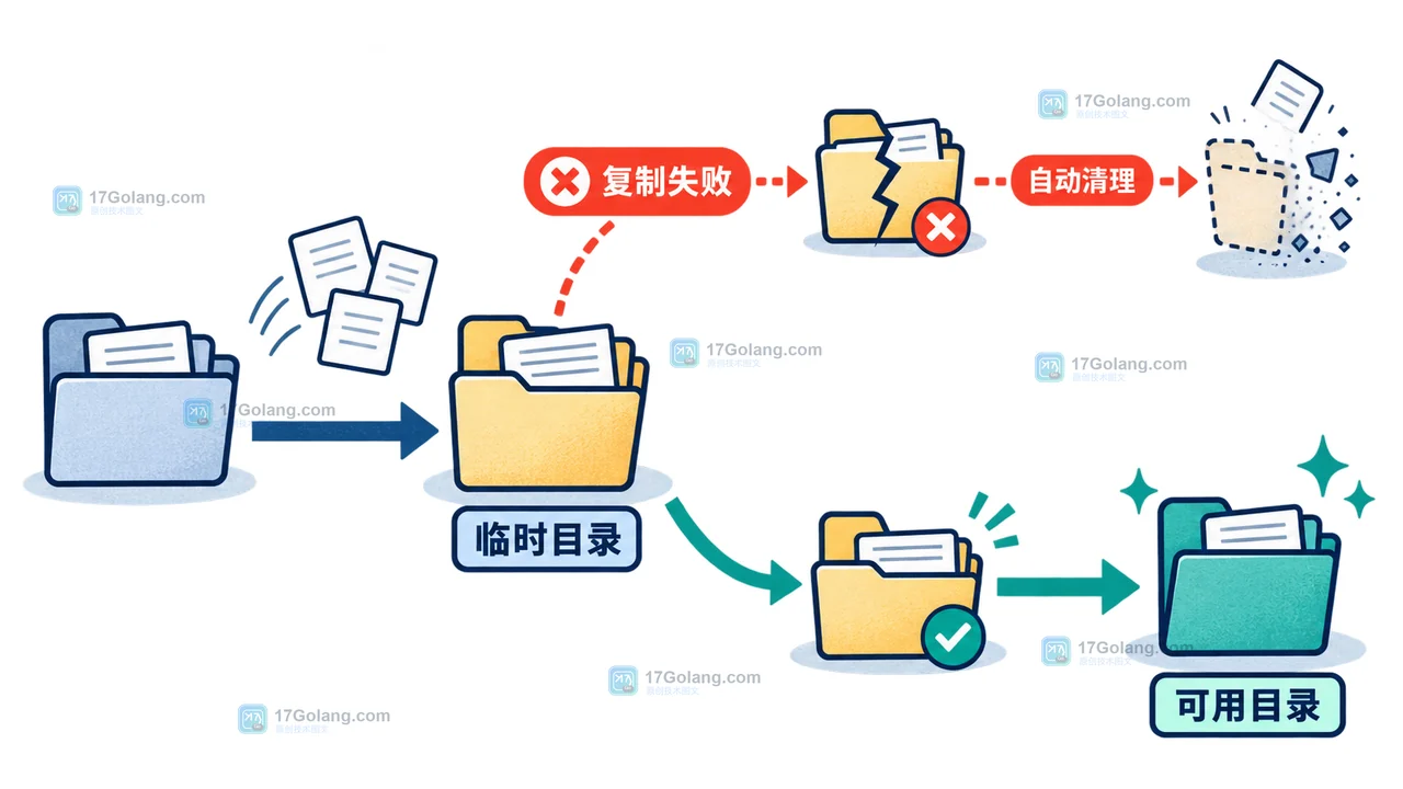 Go os.CopyFS 遇到符号链接怎么判断：目录复制边界、错误返回与回滚清理