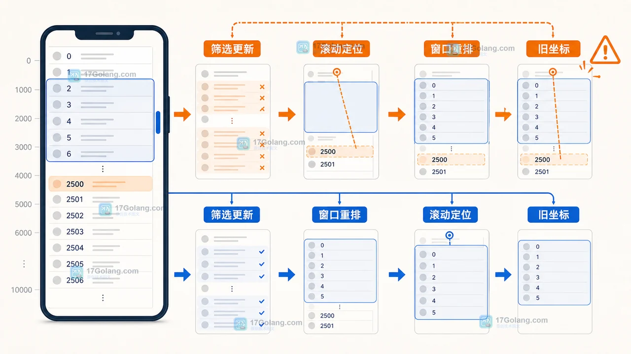 移动端虚拟列表中数据更新、可见窗口重排与滚动定位发生顺序的技术示意图