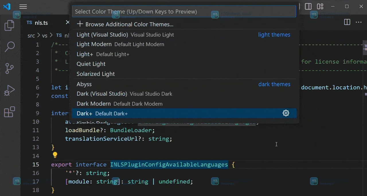 VS Code Color Theme 主题选择器界面,显示可预览的内置配色列表
