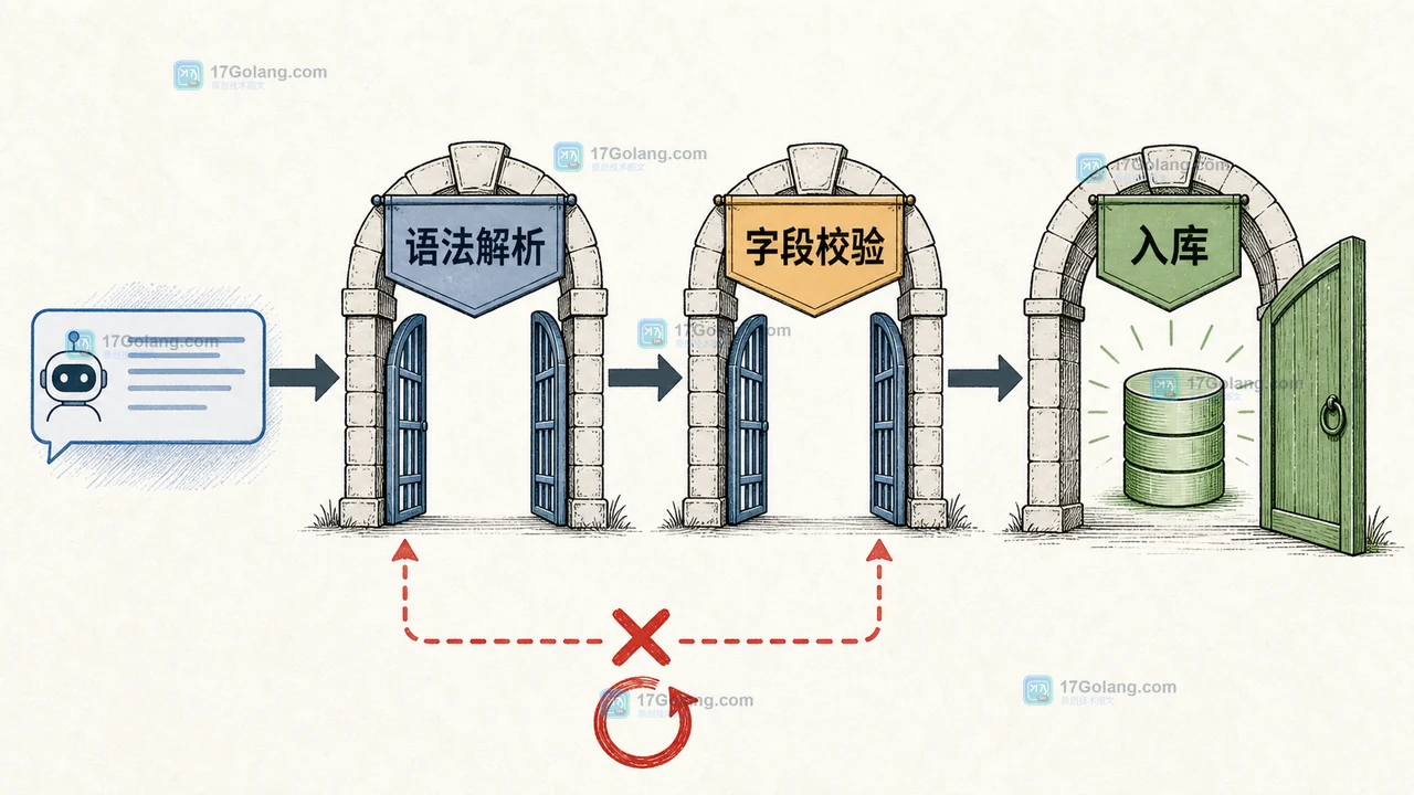 大模型结构化响应的修复与验证流程,展示边界清理、字段校验、有限重试和最终通过