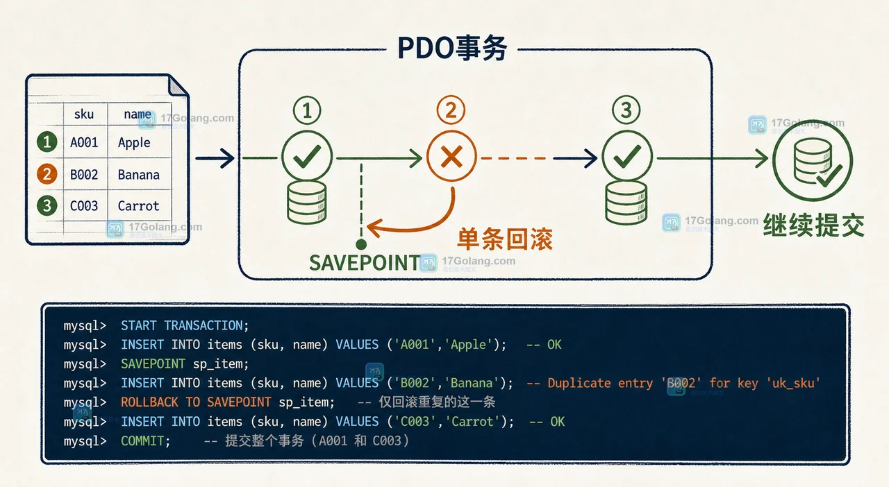 PHP PDO 事务中如何用 SAVEPOINT 局部回滚：批量导入的错误恢复